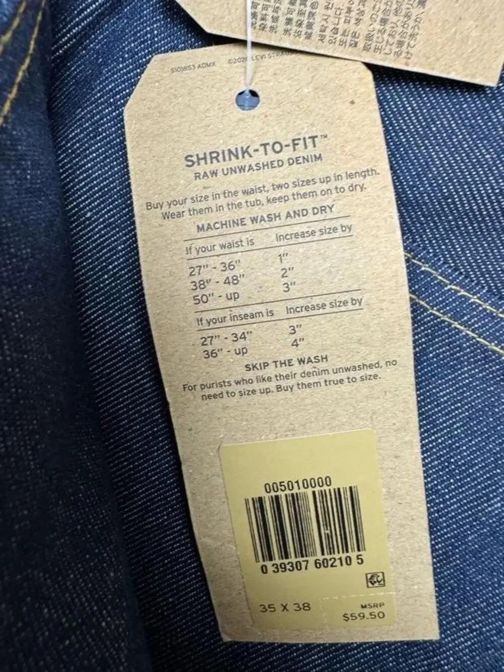Levi's 501 Jeans Mens 35x38 Blue Raw Denim Straight Button Fly Shrink To Fit
